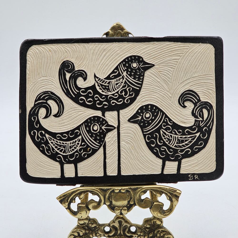 Folk Art Bird Tile Signed Black White Swirl Design 6.25x4.5 Framed Primitive - Picture 2 of 6